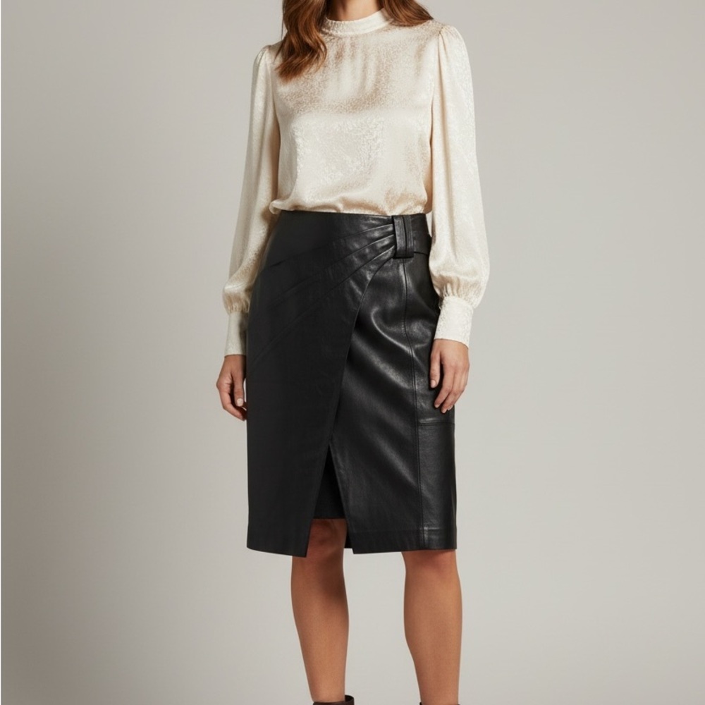 ANTONIO MELANI Black Faux Leather Pencil Skirt with Wrap Detail - Picture 9 of 9